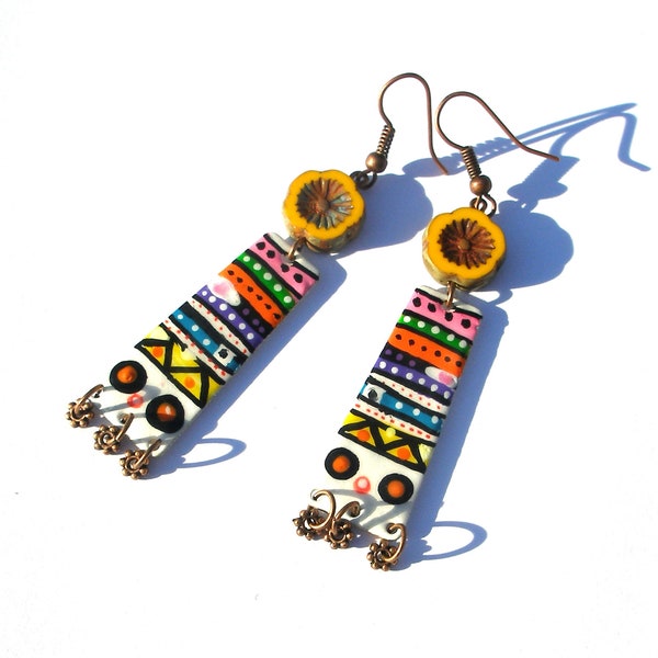 Colourful enameled dangle earrings, yellow flowers earrings, bohemian Czech glass boho style poetic hippie chic gypsy unique ooak