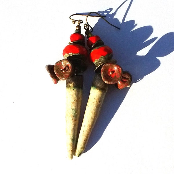 Bohemian ceramic dangle earrings, red jewelry Czech glass flowers boho chic rustic hippie whimsical ooak tribal urban primitive unusual