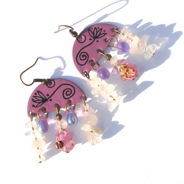 Enameled chandelier earrings, bohemian jewelry lampwork flamework gems gemstone rose quartz boho hippie chic gypsy ooak plum pink purple