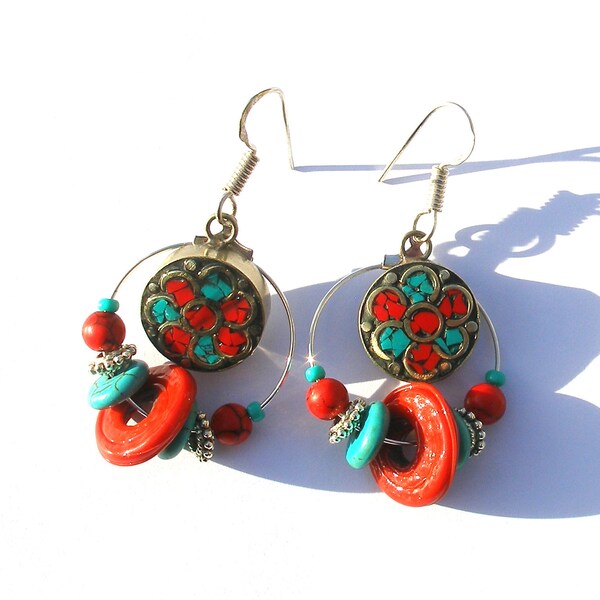 Ethnic hoop earrings, Nepal Tibet turquoise red silver bohemian boho style, hippie chic gypsy soul, ooak unique rustic