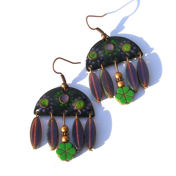 Enameled chandelier earrings, bohemian jewelry purple plum green Czech glass flowers boho style hippie chic gypsy soul ooak