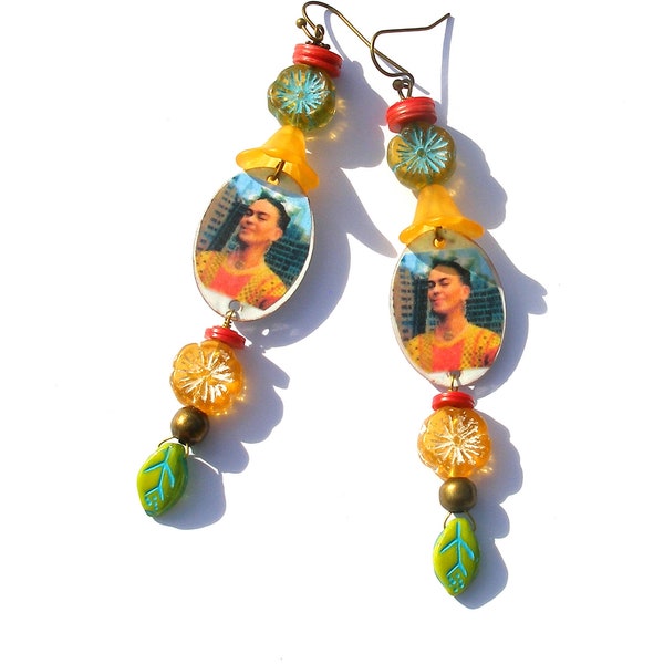 Long multicoloured Frida Kahlo dangle earrings, colourful bronze Czech glass flower boho chic Mexican Mexico hippie handmade unique OOAK