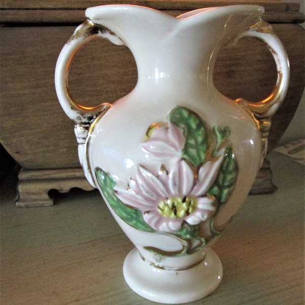 Antique Hull Pottery Magnolia Vase H 1-5 USA Gold Trim circa 1940s