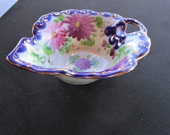 Nippon Flow Blue Hand Painted Handled Nappy Candy Dish circa 1920s