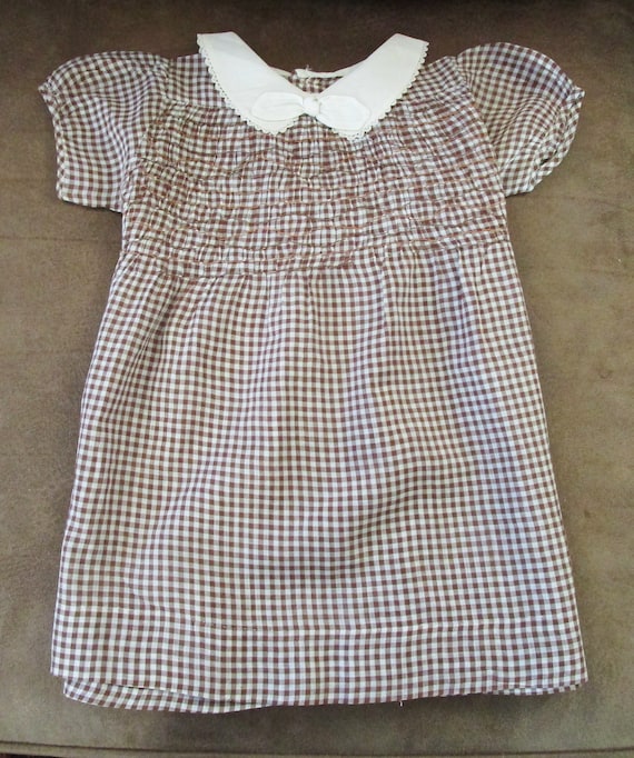 Vintage Baby Dress Brown Check with Smocking Baby… - image 2