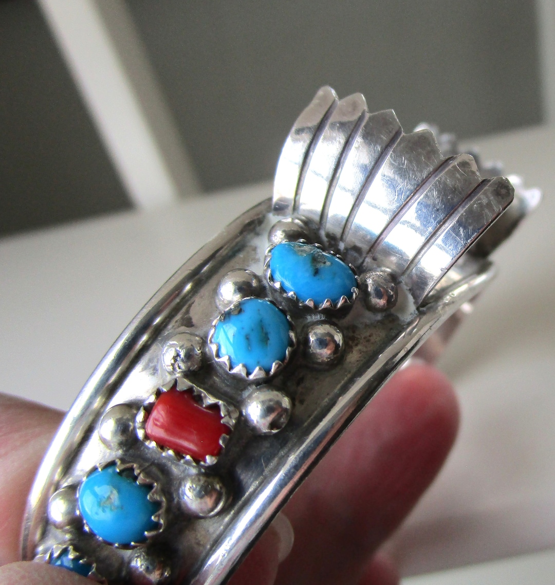 Vintage Navajo Sterling Silver Turquoise and Coral Cuff Bracelet Style ...