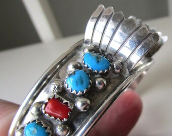 Vintage Southwest Sterling Silver Turquoise and Coral Watch  display picture 1
