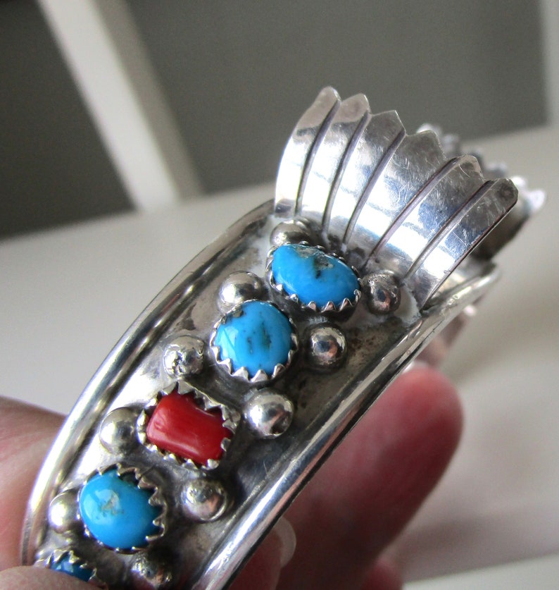 Vintage Navajo Sterling Silver Turquoise and Coral Cuff - Etsy