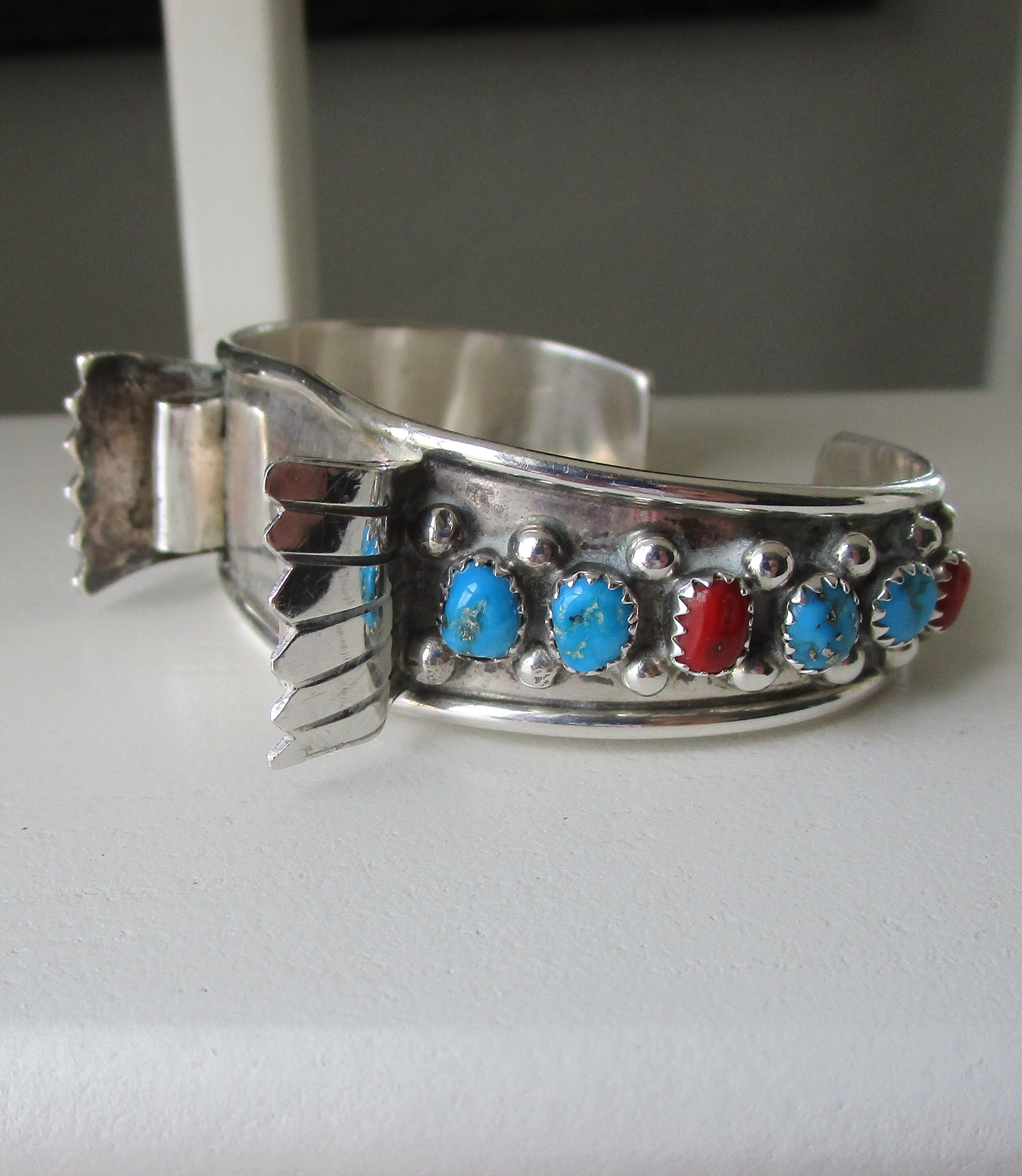 Vintage Navajo Sterling Silver Turquoise and Coral Cuff Bracelet Style ...