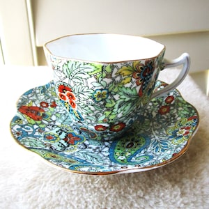 England Rosina Queens Bone China Paisley Chintz Cup and Saucer Set circa 1940s