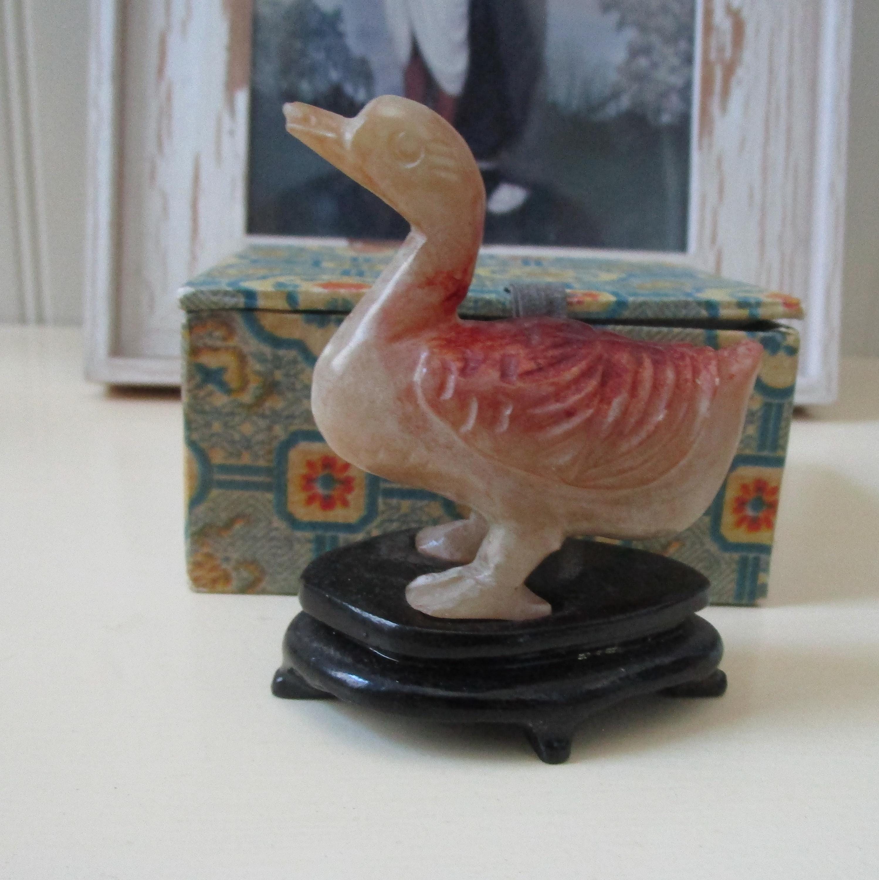 Vintage Carved  Nephrite Jade Duck on a Pedestal Includes Decorative Asian Box