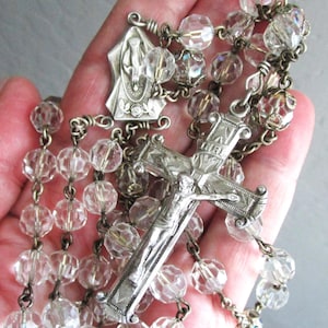 Vintage Sterling Silver and  Czech Crystal Long Christian Rosary circa 1960s