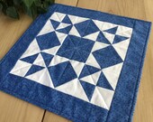 Blue Quilted 16 Table Topper Handmade Blue and White Geometric Star Square Table Runner