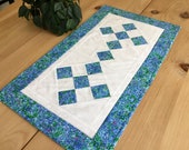 Quilted Blue 26 Table Runner Handmade Rectangle Blue and White Patchwork Table Topper