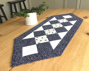 Navy Blue Quilted Table Runner Handmade Blue and White Patchwork Table Centerpiece