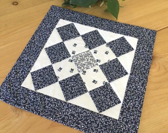 Quilted Navy Blue Table Topper Blue and White Handmade Square Patchwork Table Centerpiece