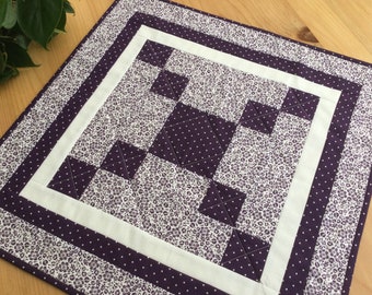 Purple Quilted Table Topper Handmade Purple and White Geometric Square Patchwork Table Centerpiece