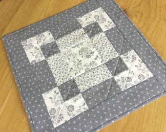 Gray Quilted Table Topper Handmade Square Gray and White Patchwork Table Runner