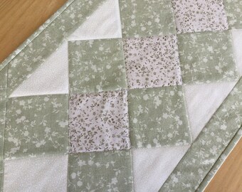 Quilted Sage Green Table Runner Handmade Sage Green and Ivory Patchwork Tablecloth