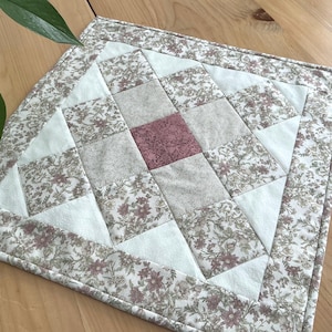 Quilted Floral Topper: 17” Square Handmade Mauve, Sage Patchwork