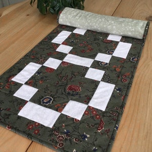 Handmade Green Quilted Table Runner Rectangle Forest Green and Cream Floral Patchwork Centerpiece image 8