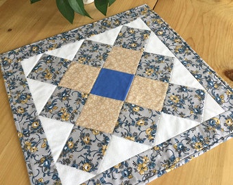 Quilted Table Topper Blue Gray and Tan Handmade Square Patchwork Table Centerpiece