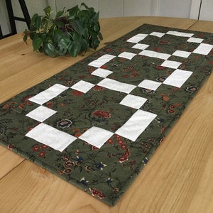 Handmade Green Quilted Table Runner Rectangle Forest Green and Cream Floral Patchwork Centerpiece image 6