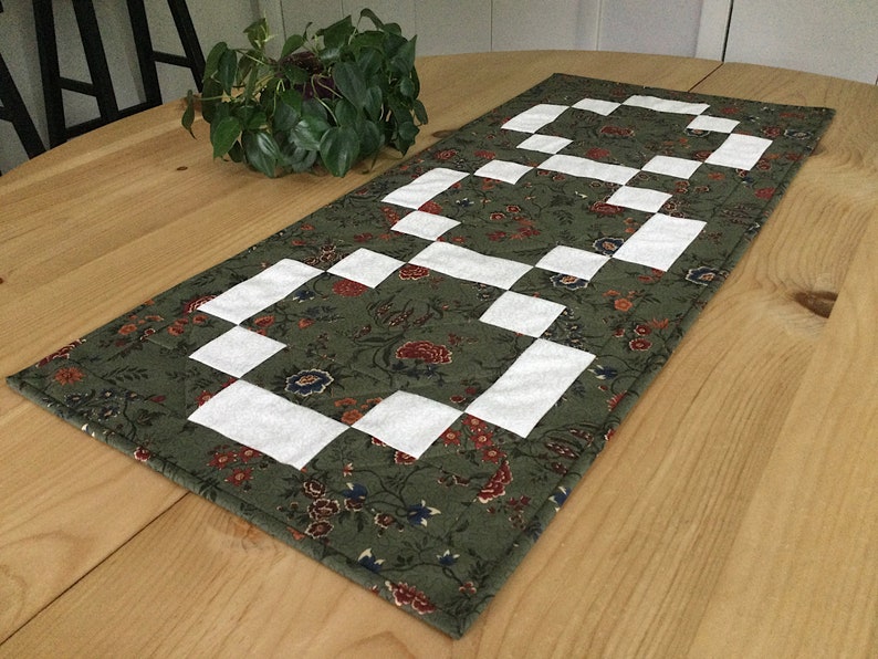 Handmade Green Quilted Table Runner Rectangle Forest Green and Cream Floral Patchwork Centerpiece image 6