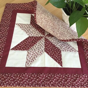 Quilted Burgundy Table Topper Handmade Square Star Red and Cream Floral Table Runner image 7