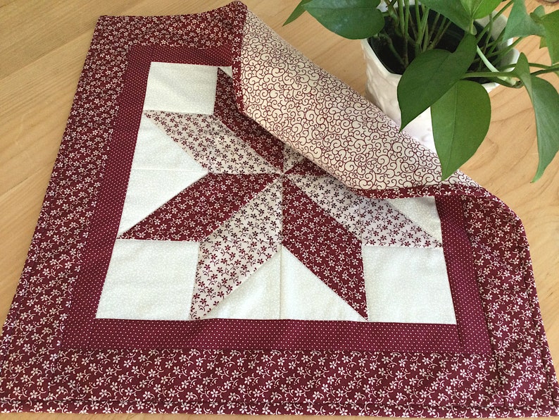 Quilted Burgundy Table Topper Handmade Square Star Red and Cream Floral Table Runner image 7