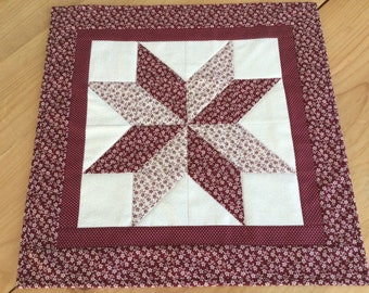 Quilted Burgundy Table Topper Handmade Square Star Red and Cream Floral Table Runner