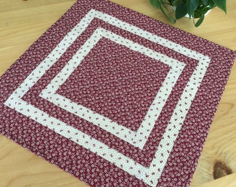 Quilted Burgundy Table Topper Red and Cream Handmade Square Patchwork Table Centerpiece