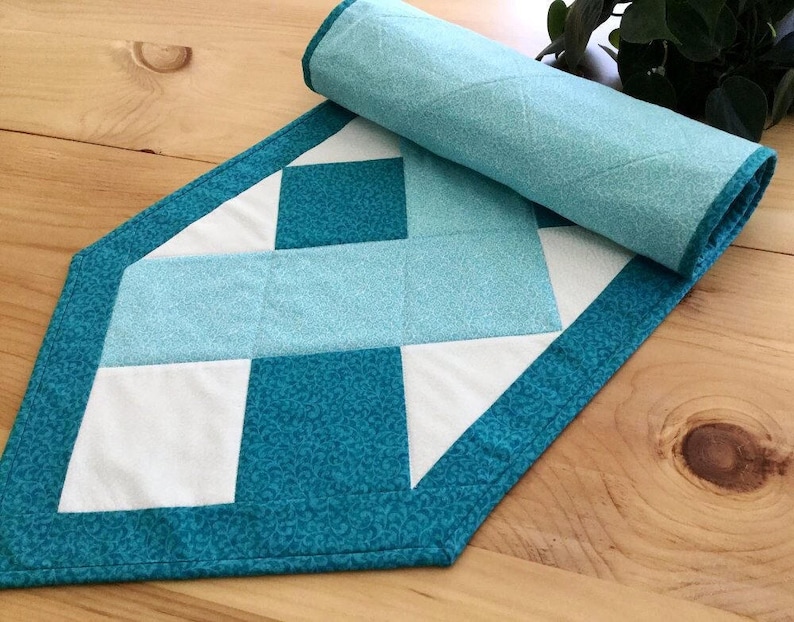 Blue Quilted Table Runner Handmade Aqua Quilted Zigzag Etsy