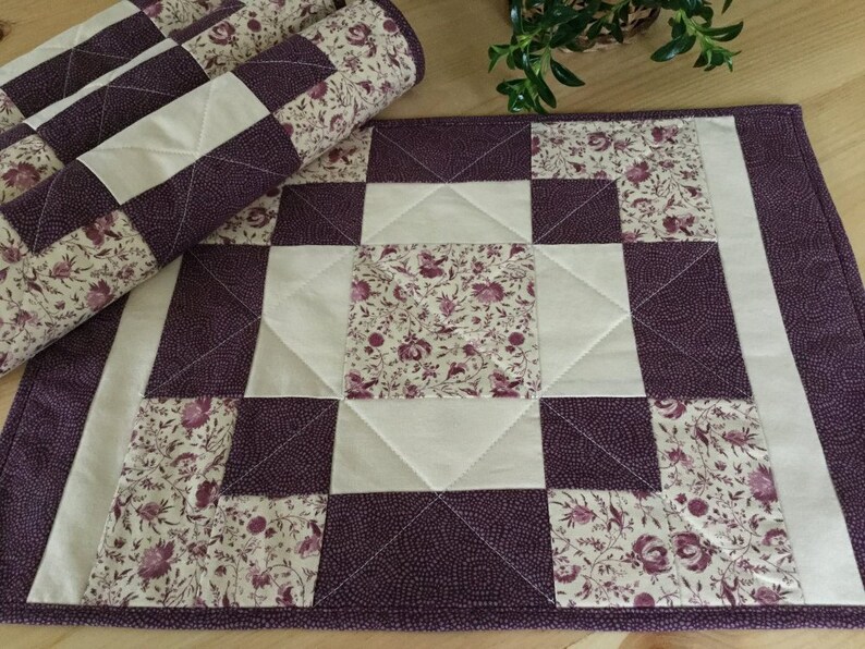 Burgundy Quilted Placemats Set of 4 Handmade Patchwork Maroon Etsy