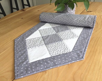 Gray Quilted Table Runner Handmade Gray and White Patchwork Table Centerpiece