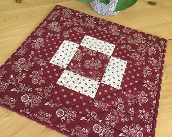 Quilted Burgundy Table Topper Red and Cream Handmade Square Patchwork Table Centerpiece