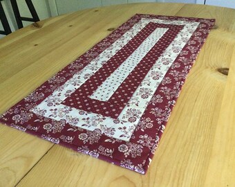 Burgundy Quilted Table Runner Handmade Rectangle Maroon and Cream Log Cabin Table Centerpiece