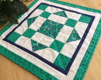 Blue and Green Square Table Topper Quilted Navy Blue and Kelly Green Handmade Patchwork Table Runner Free Shipping