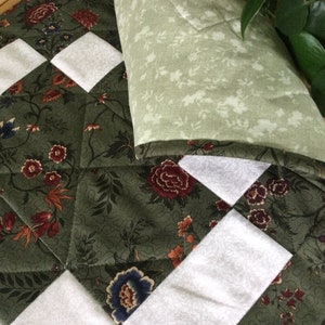 Handmade Green Quilted Table Runner Rectangle Forest Green and Cream Floral Patchwork Centerpiece image 5