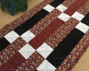 Quilted Table Runner Handmade Patchwork Orange, Black, and Cream Rectangle Fall Table Centerpiece