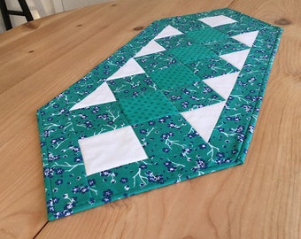 Quilted Table Runner Green Blue and White Handmade Patchwork Pointed Table Centerpiece