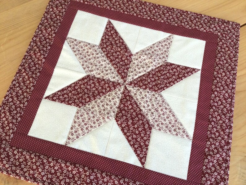 Quilted Burgundy Table Topper Handmade Square Star Red and Cream Floral Table Runner image 6