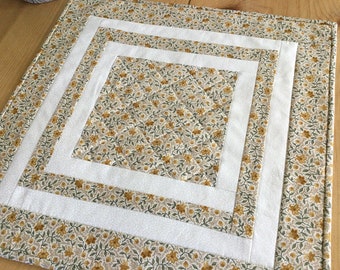 Quilted Beige Table Topper Handmade Square Tan Floral Patchwork