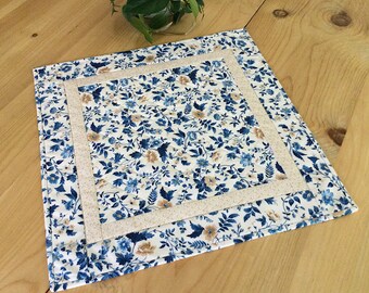 Quilted Blue Table Topper Handmade Blue and Cream Floral Square Table Centerpiece