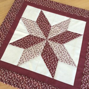 Quilted Burgundy Table Topper Handmade Square Star Red and Cream Floral Table Runner image 1