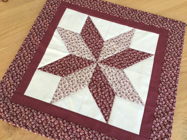 Quilted Burgundy Table Topper Handmade Square Star Red and Cream Floral Table Runner image 1