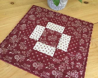 Quilted Burgundy Table Topper Red and Cream Handmade Square Patchwork Table Centerpiece