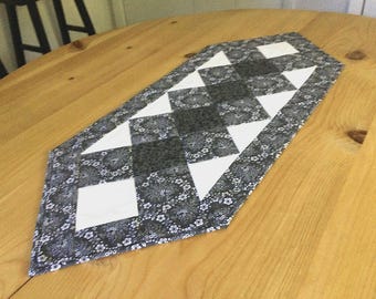 Pointed Quilted Table Runner: Handmade 35”Charcoal Gray and White Patchwork