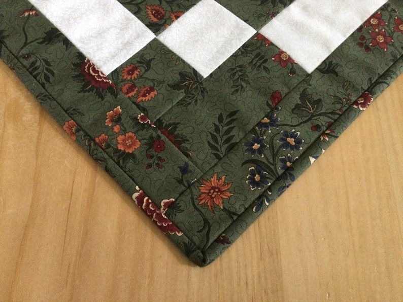 Handmade Green Quilted Table Runner Rectangle Forest Green and Cream Floral Patchwork Centerpiece image 7