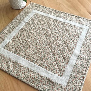 Quilted Beige Table Topper Handmade Square Tan Floral Patchwork